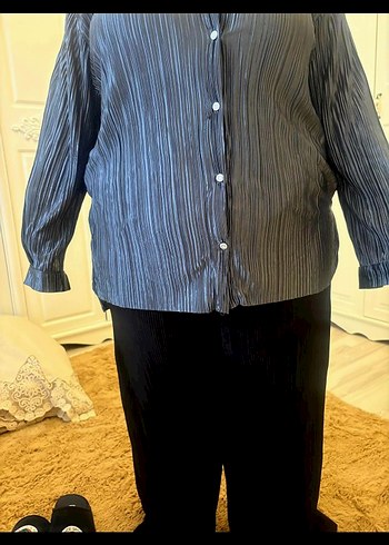 gri cizgili parlak gömlek önden düğmeli - Görsel 7