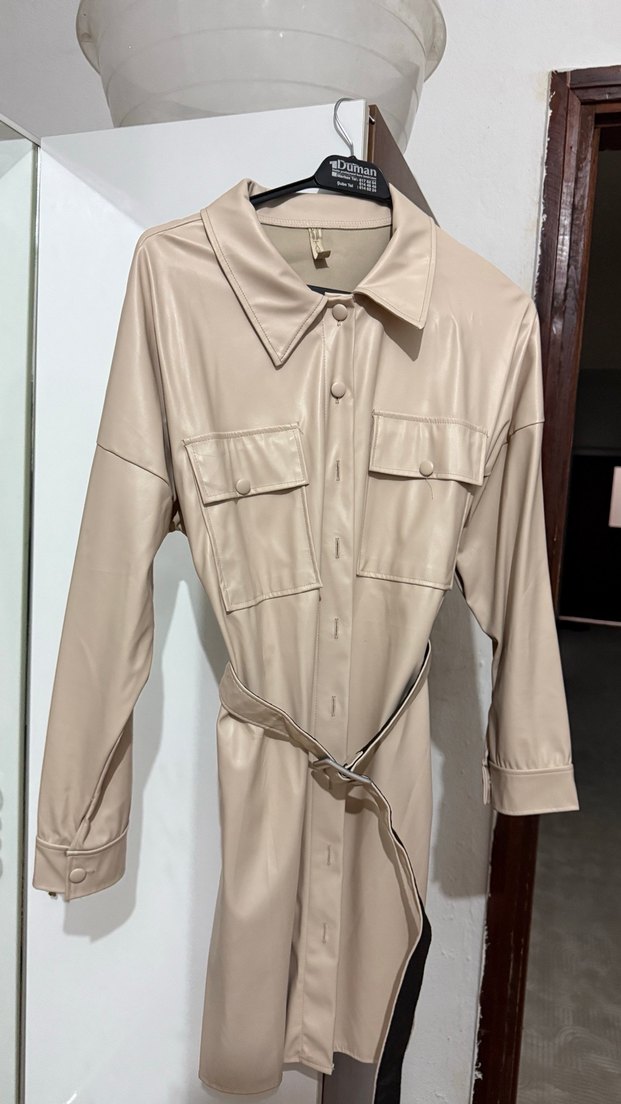 Bej Uzun Deri Kadın Ceket - Görsel 3