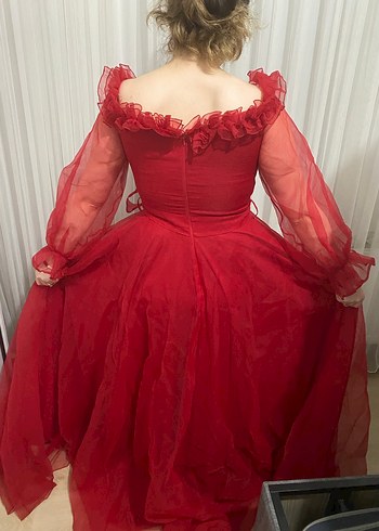 Kırmızı Uzun Drapeli  kadın Abiye - Görsel 3