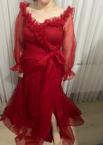 Kırmızı Uzun Drapeli  kadın Abiye - Görsel 4