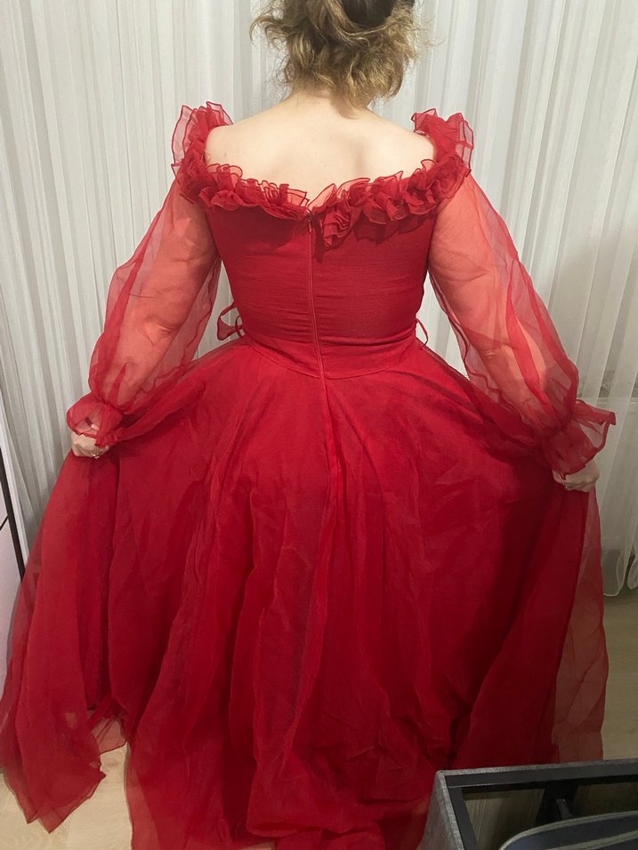 Kırmızı Uzun Drapeli  kadın Abiye - Görsel 3