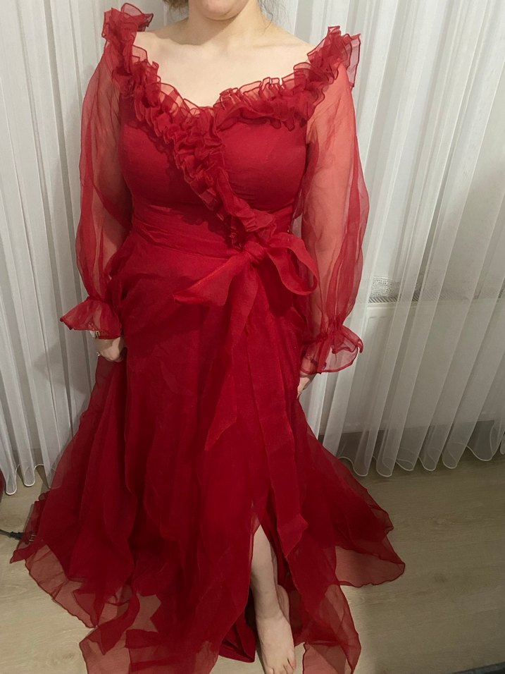 Kırmızı Uzun Drapeli  kadın Abiye - Görsel 4