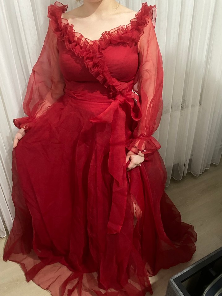 Kırmızı Uzun Drapeli  kadın Abiye - Görsel 2