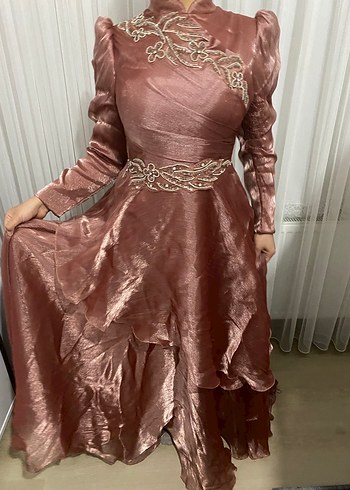 gül kurusu Parlak Nakışlı Uzun Abiye Elbise - Görsel 2