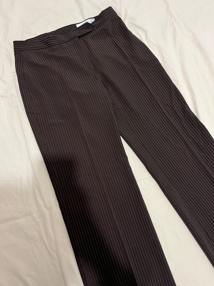 Kahverengi Çizgili Pilili Kadın  Pantolon - Görsel 4
