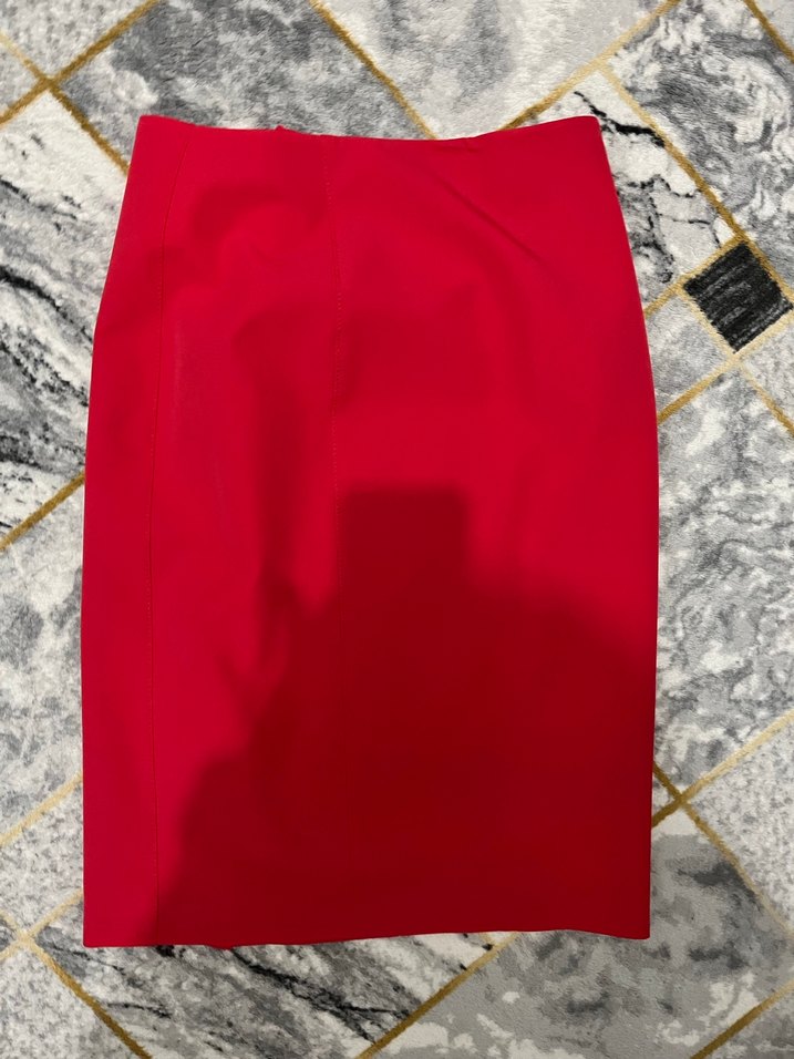 Parlak Kırmızı Drapeli Midi Kalem Etek - Görsel 2