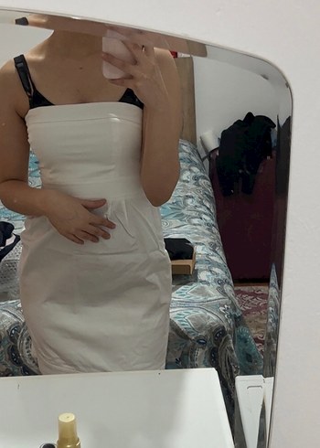 Beyaz Straplez Midi Elbise - Görsel 5