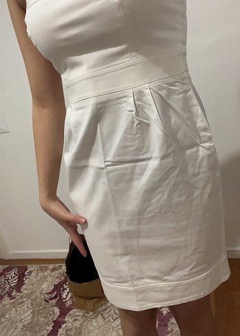 Beyaz Straplez Midi Elbise - Görsel 4