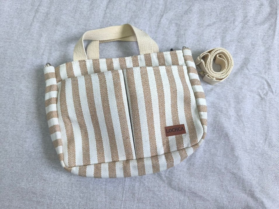 Bej Çizgili Pamuklu Kadın Çanta - Görsel 2