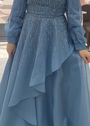 Nakışlı Uzun Kollu Mavi Abiye Elbise - Görsel 2