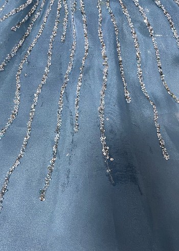 Nakışlı Uzun Kollu Mavi Abiye Elbise - Görsel 4