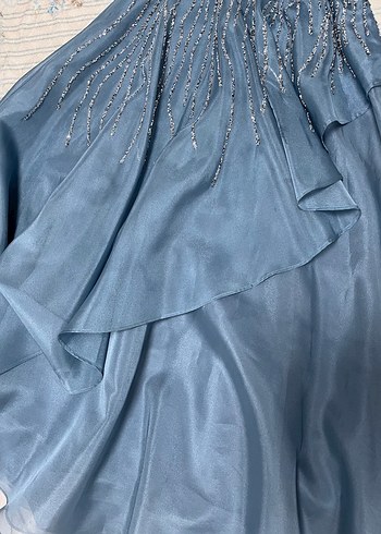 Nakışlı Uzun Kollu Mavi Abiye Elbise - Görsel 6