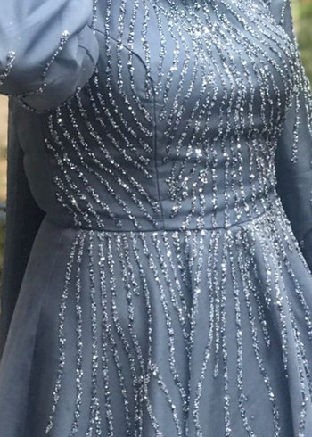 Nakışlı Uzun Kollu Mavi Abiye Elbise - Görsel 3