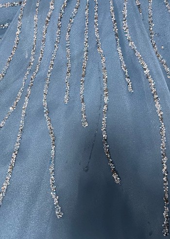 Nakışlı Uzun Kollu Mavi Abiye Elbise - Görsel 5