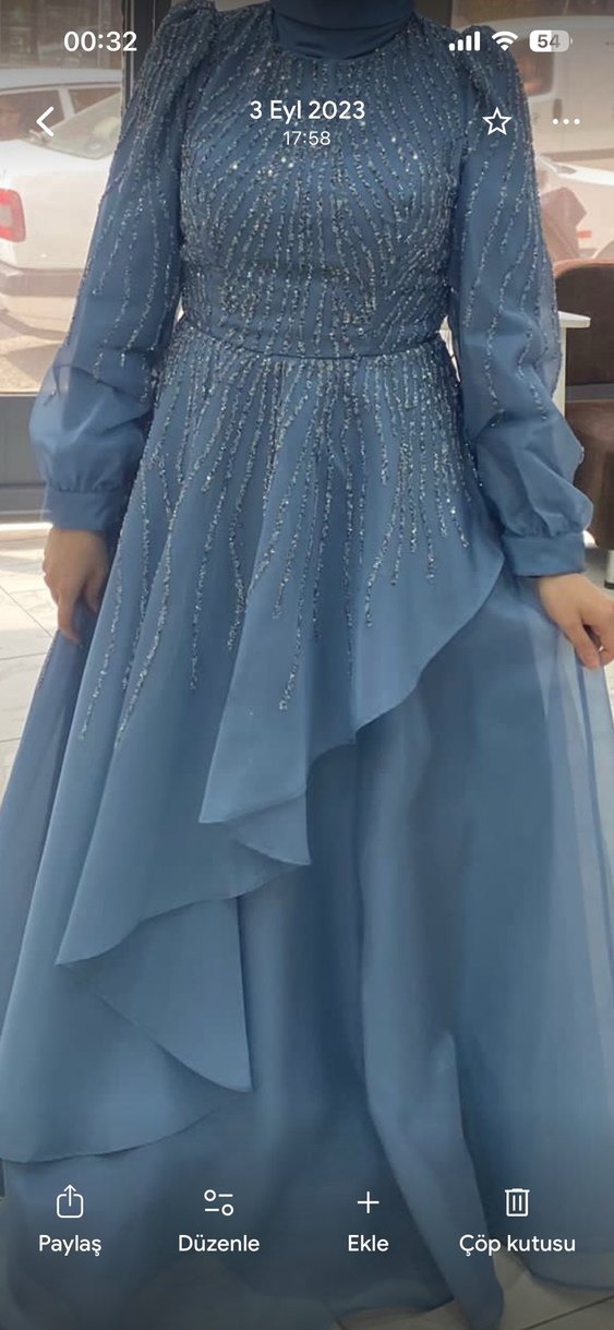 Nakışlı Uzun Kollu Mavi Abiye Elbise - Görsel 2