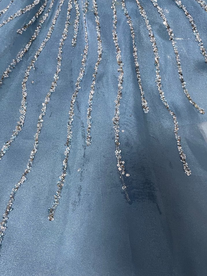 Nakışlı Uzun Kollu Mavi Abiye Elbise - Görsel 4