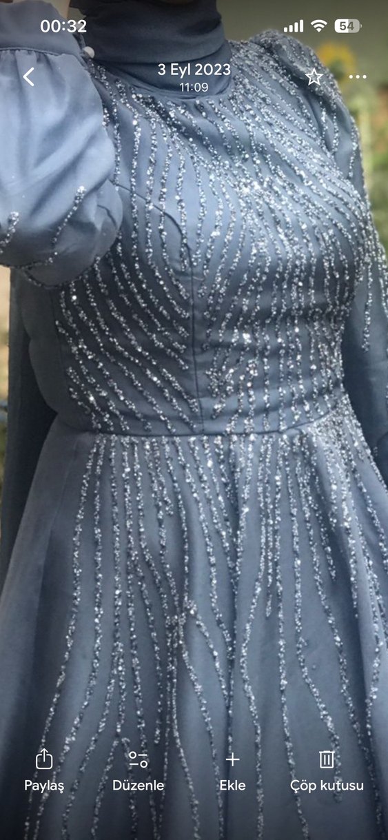 Nakışlı Uzun Kollu Mavi Abiye Elbise - Görsel 3