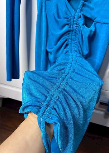 Bershka Uzun Kollu, V Yakalı Mavi Mini Elbise - Görsel 5