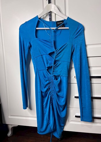 Bershka Uzun Kollu, V Yakalı Mavi Mini Elbise - Görsel 4