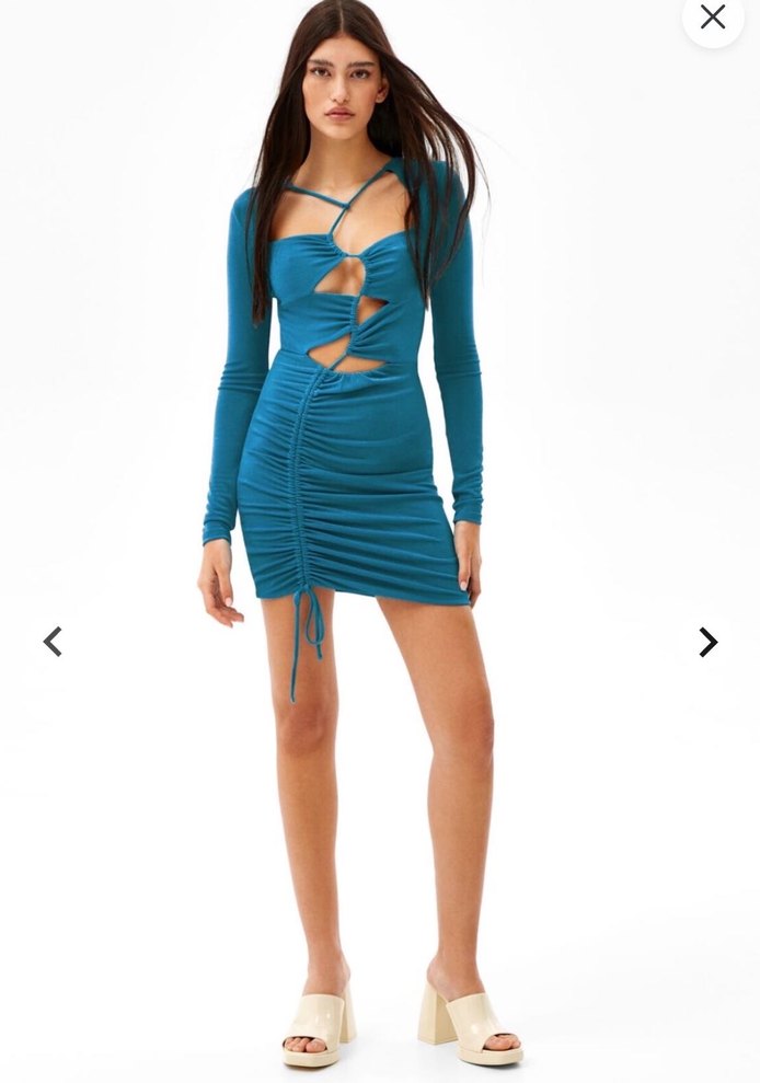 Bershka Uzun Kollu, V Yakalı Mavi Mini Elbise - Görsel 3
