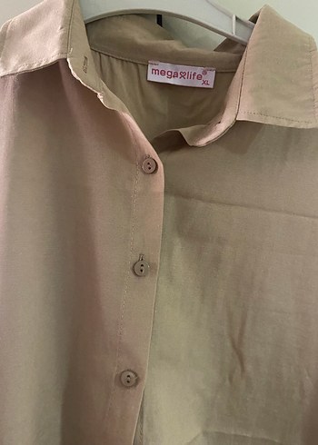 Bej Düğmeli Keten Kadın Gömlek - Görsel 2