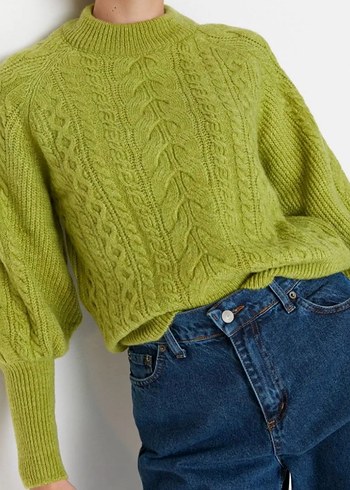 Yeşil Bohem Tarz Khaki Boğazlı Örgü Kazak - Görsel 3