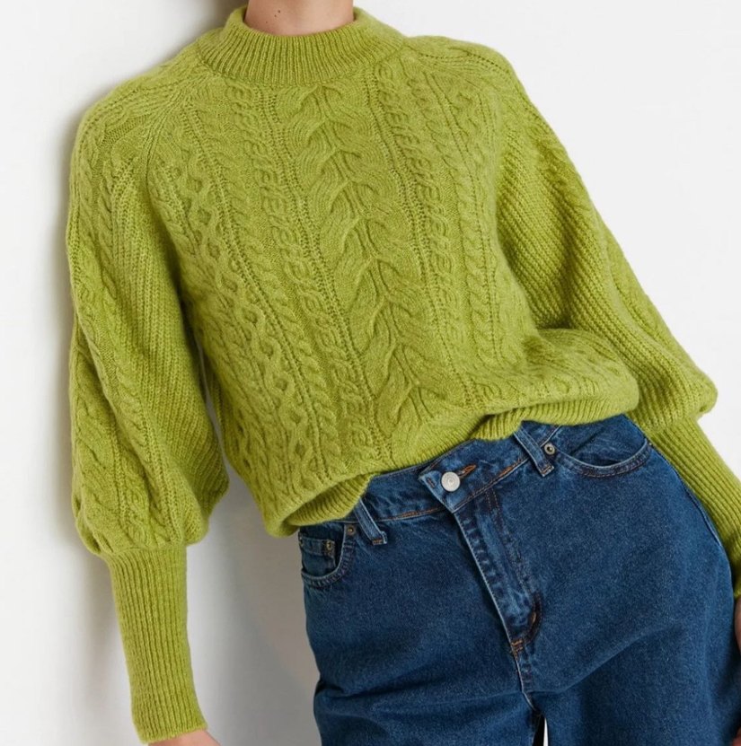 Yeşil Bohem Tarz Khaki Boğazlı Örgü Kazak - Görsel 3