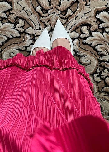 Piliseli Pembe Uzun Kol abiye Elbise tesettür - Görsel 3