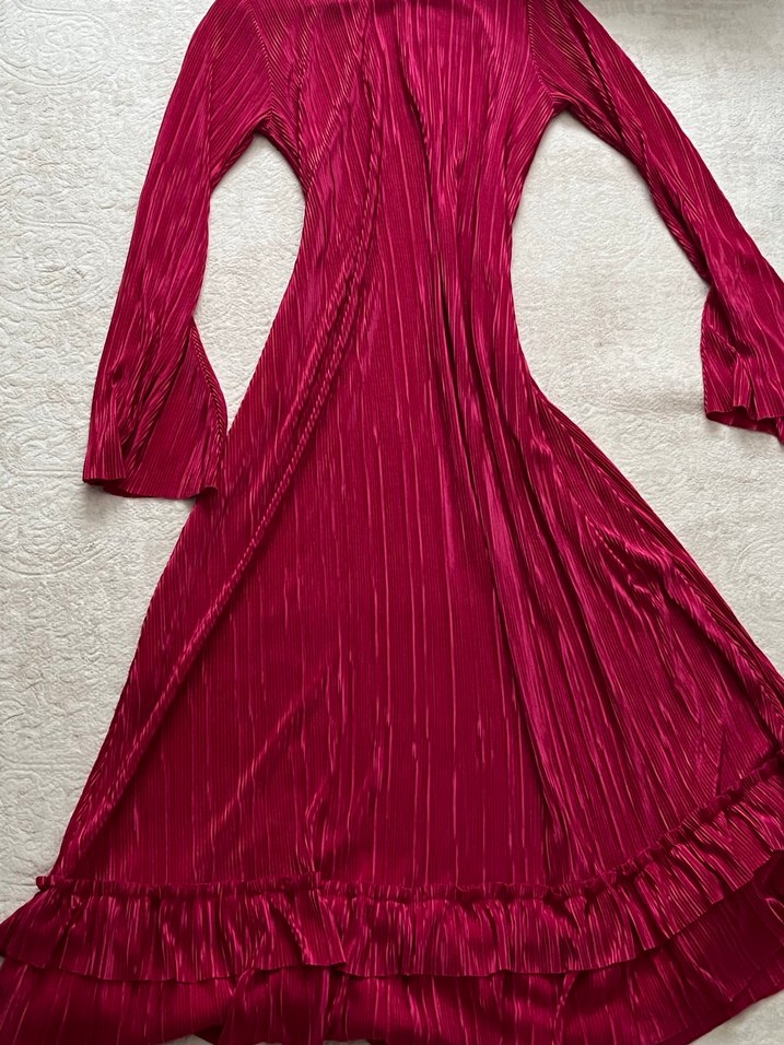 Piliseli Pembe Uzun Kol abiye Elbise tesettür - Görsel 5