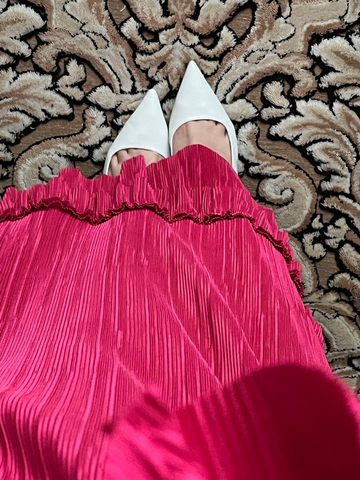 Piliseli Pembe Uzun Kol abiye Elbise tesettür - Görsel 3