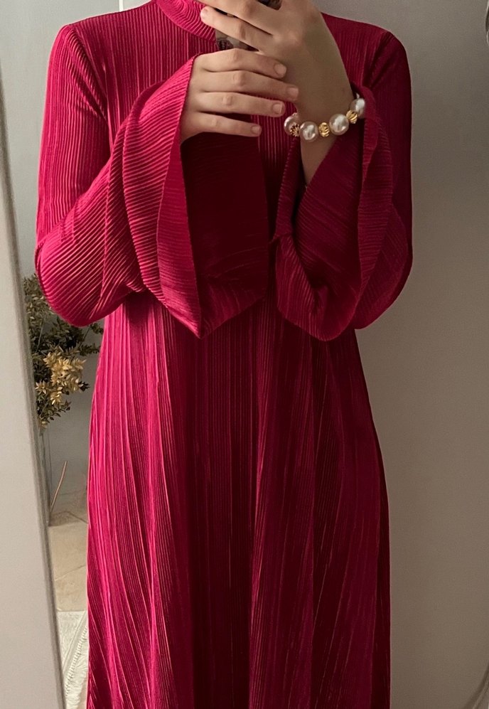 Piliseli Pembe Uzun Kol abiye Elbise tesettür - Görsel 2