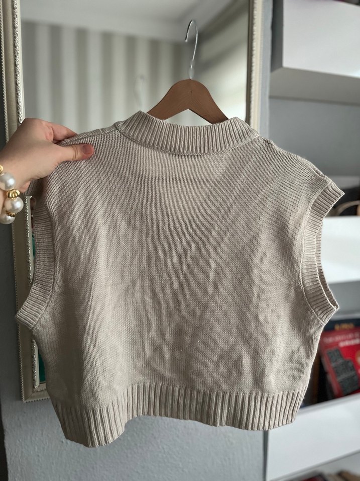 Bej V Yaka Örgü Kadın Süveter - Görsel 2