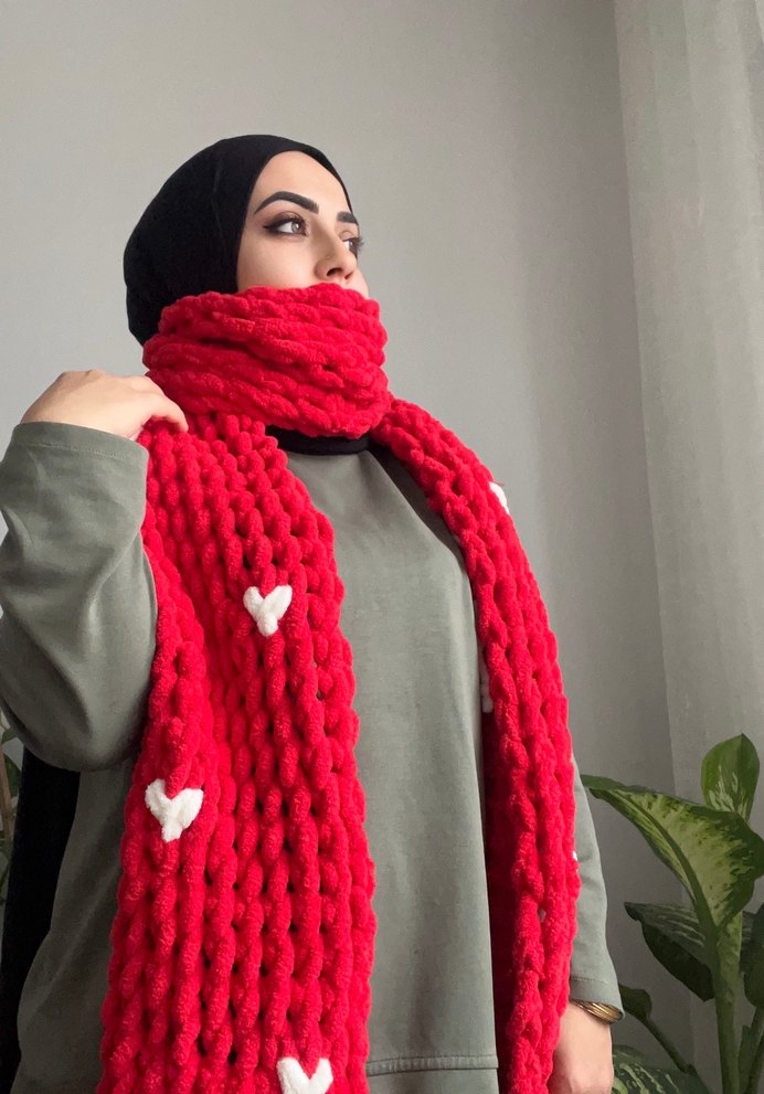 Renkli Kırmızı Örgü Kadın Atkı - Görsel 2