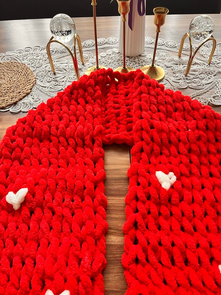 Renkli Kırmızı Örgü Kadın Atkı - Görsel 5