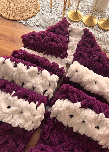 Mor Beyaz Örgü Bohem Kadın Şal - Görsel 3