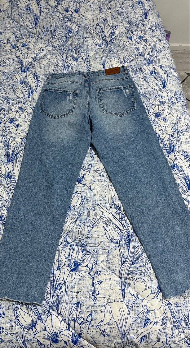 Lacivert Yırtık ve Bağcıklı Rahat Kesim Kadın Kot Pantolon - Görsel 2