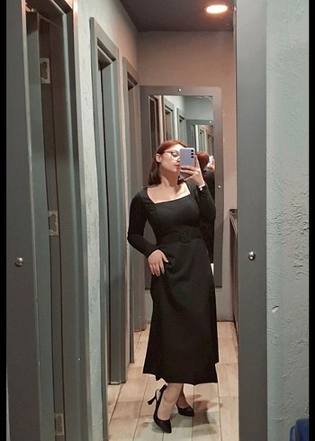 Siyah Uzun Kollu kare Yaka Kadın Elbise - Görsel 2