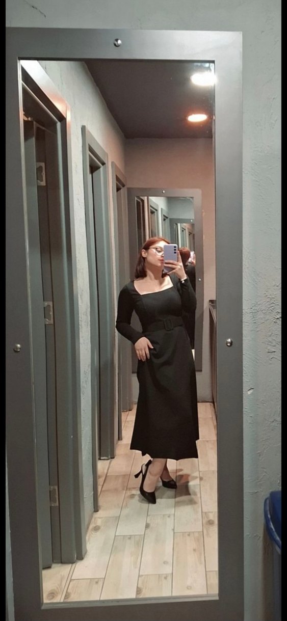 Siyah Uzun Kollu kare Yaka Kadın Elbise - Görsel 2