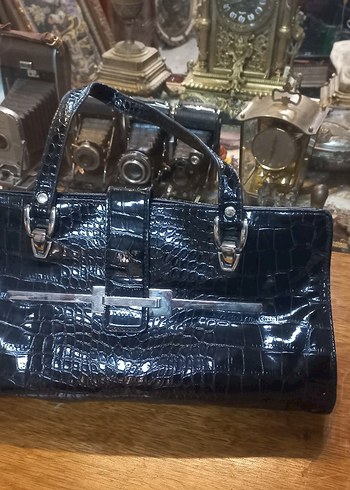 Siyah suni Deri Krokodil Desenli Tokalı Kadın Çanta - Görsel 5