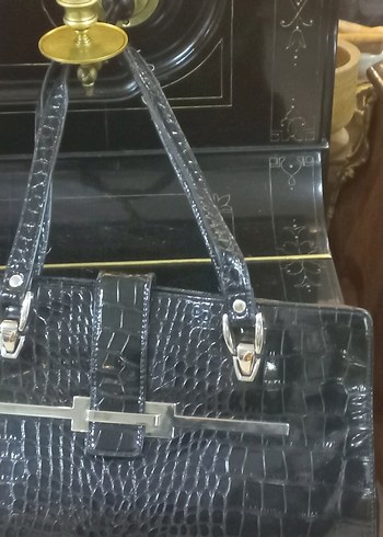 Siyah suni Deri Krokodil Desenli Tokalı Kadın Çanta - Görsel 6