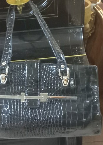 Siyah suni Deri Krokodil Desenli Tokalı Kadın Çanta - Görsel 7