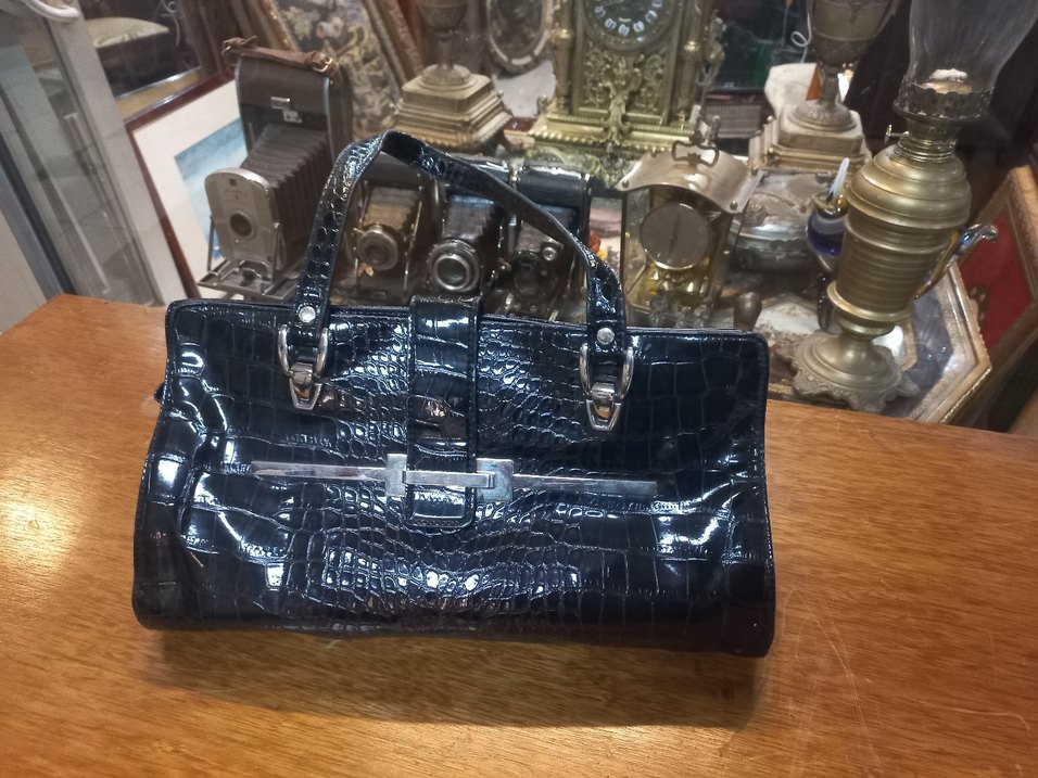 Siyah suni Deri Krokodil Desenli Tokalı Kadın Çanta - Görsel 5