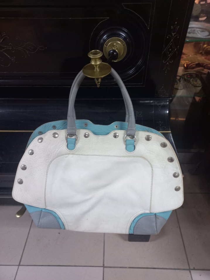 Tokalı Beyaz Gri   Deri Kadın Çanta - Görsel 2