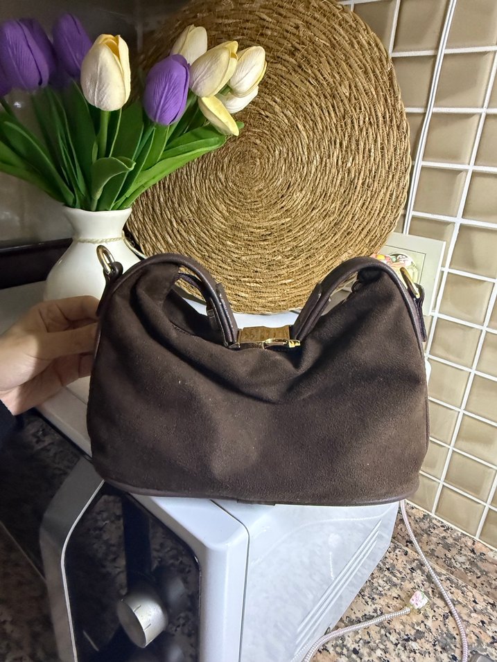 Kahverengi Süet Tokalı Kadın Çanta - Görsel 3