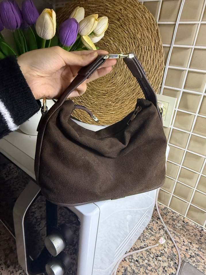 Kahverengi Süet Tokalı Kadın Çanta - Görsel 2
