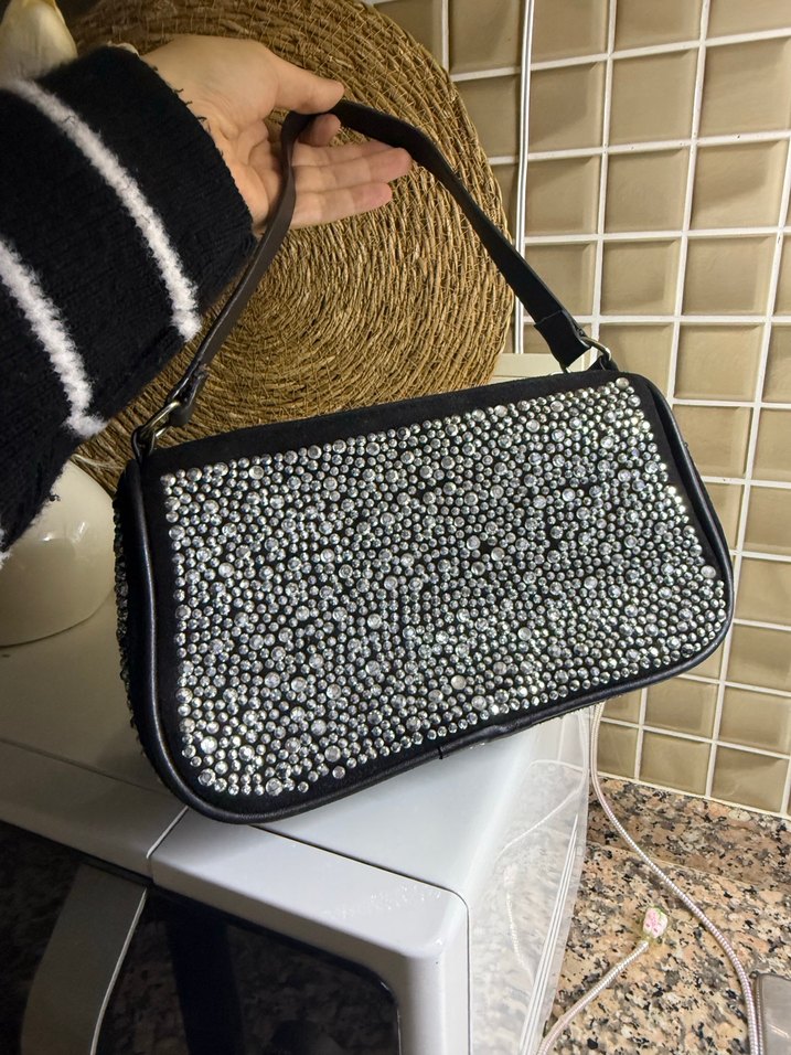 Parlak Siyah Payetli Örgü Kadın Çanta - Görsel 2