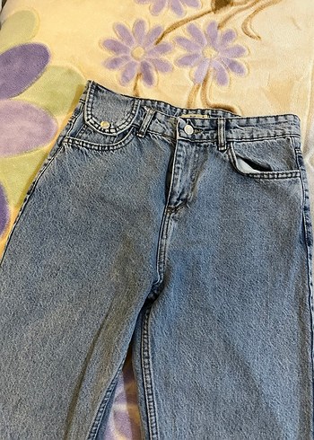 Düğmeli Gri Mavi Bol Kesim Kadın Kot Pantolon - Görsel 2