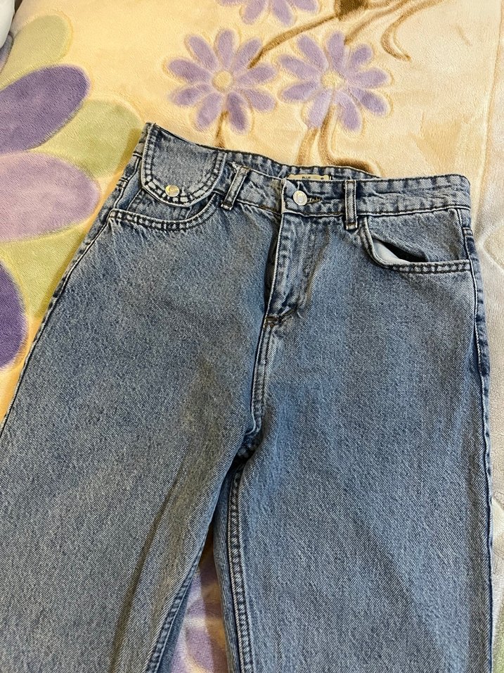 Düğmeli Gri Mavi Bol Kesim Kadın Kot Pantolon - Görsel 2