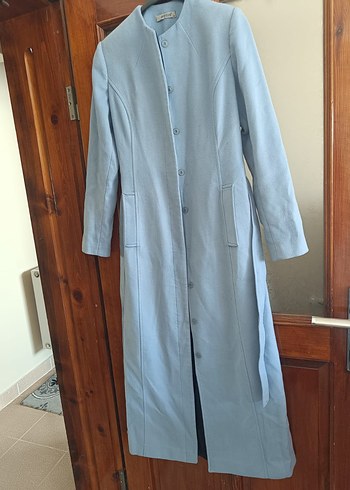 Düğmeli Uzun Mavi Kadın Kaban - Görsel 2