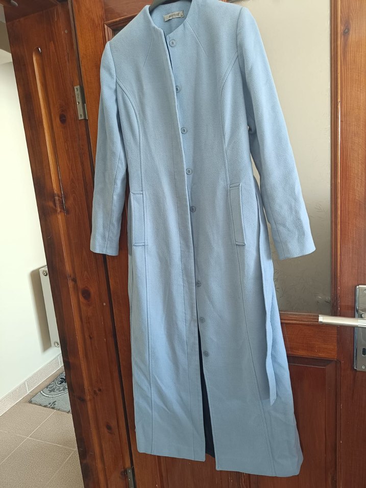 Düğmeli Uzun Mavi Kadın Kaban - Görsel 2